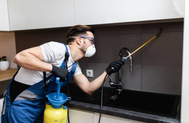 Residential pest control in Sydney carried out by licensed True Blue Pest Control technician spraying kitchen cupboards with safe indoor treatment