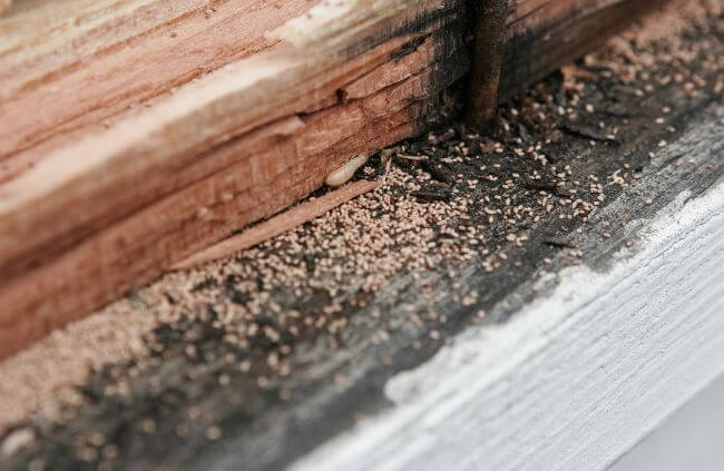 Termite inspection and treatment in Sydney showing damaged timber with frass identified and treated by True Blue Pest Control technicians