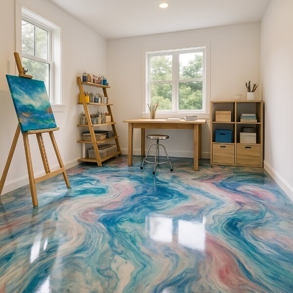 Home art studio epoxy flooring in Penrith by Epoxy Flooring Guys Sydney providing a clean bright and durable space for creative work