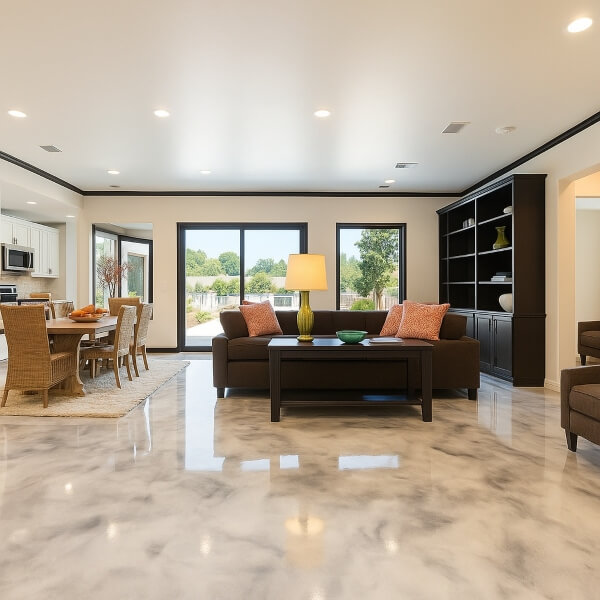 Modern living and dining area with residential epoxy flooring in Penrith featuring a smooth marble look finish thats durable stylish and easy to clean by Epoxy Flooring Guys Sydney