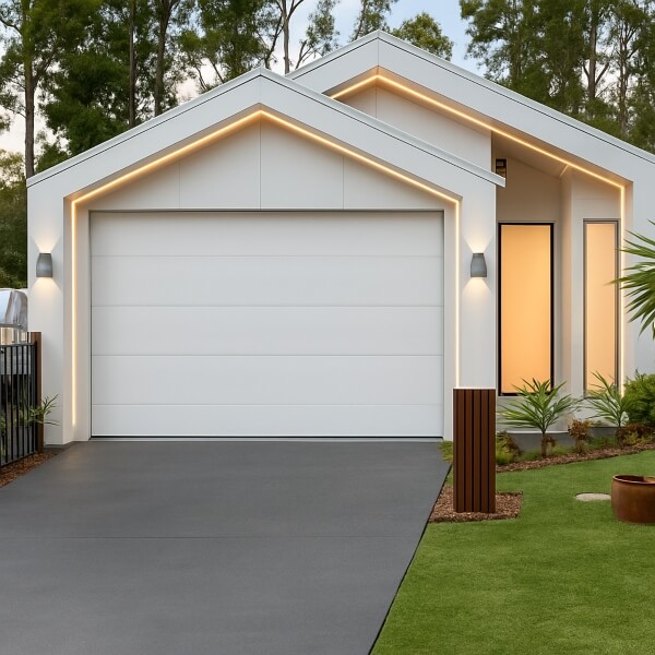 Modern home featuring a newly completed garage door installation with a clean white sectional door by Garage Door Guys Sydney