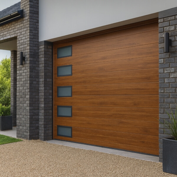 Modern timber look sectional garage door installation completed on a contemporary home by Garage Door Guys Sydney