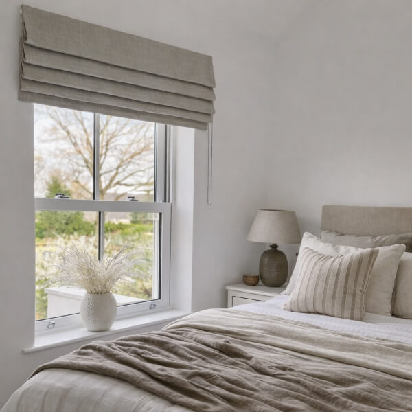 Neutral linen Roman blinds fitted inside a bedroom window creating soft stacked folds and practical light control installed by Blinds and Shutter Guys Newcastle