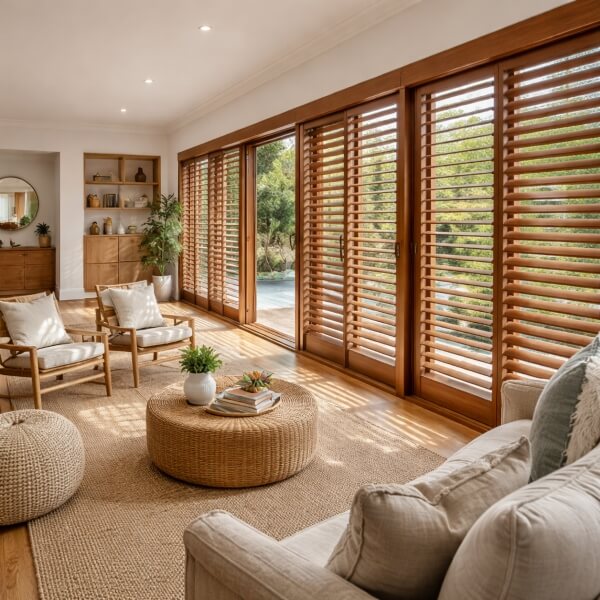 Timber plantation shutters fitted across wide sliding doors adding warm natural tones and precise light control installed by Blinds and Shutter Guys Newcastle