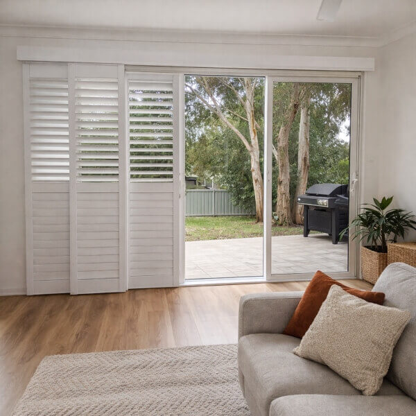 White PVC sliding plantation shutters fitted beside a large glass door delivering durable light control and privacy installed by Blinds and Shutter Guys Newcastle