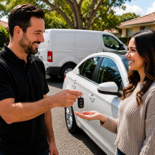 Car locksmith in Sydney from Home Security Guys handing keys to a customer after unlocking their car