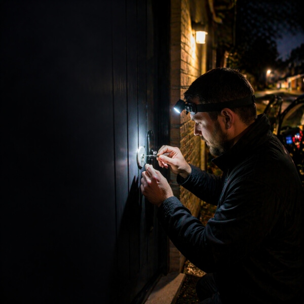 Emergency locksmith in Sydney unlocking front door at night with headlamp from Home Security Guys