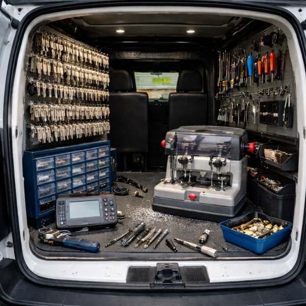 Mobile locksmith van setup in Sydney with key cutting machine tools and parts ready for on site service by Home Security Guys
